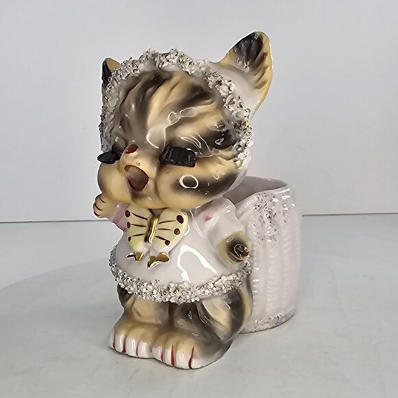 Vintage 1950s Anthropomorphic Striped Kitty Cat Planter Lashes Spaghetti Trim - Picture 9 of 10